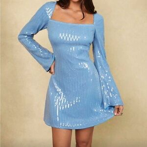 Winter Icy Blue Holiday Sequin Long Sleeve Dress
